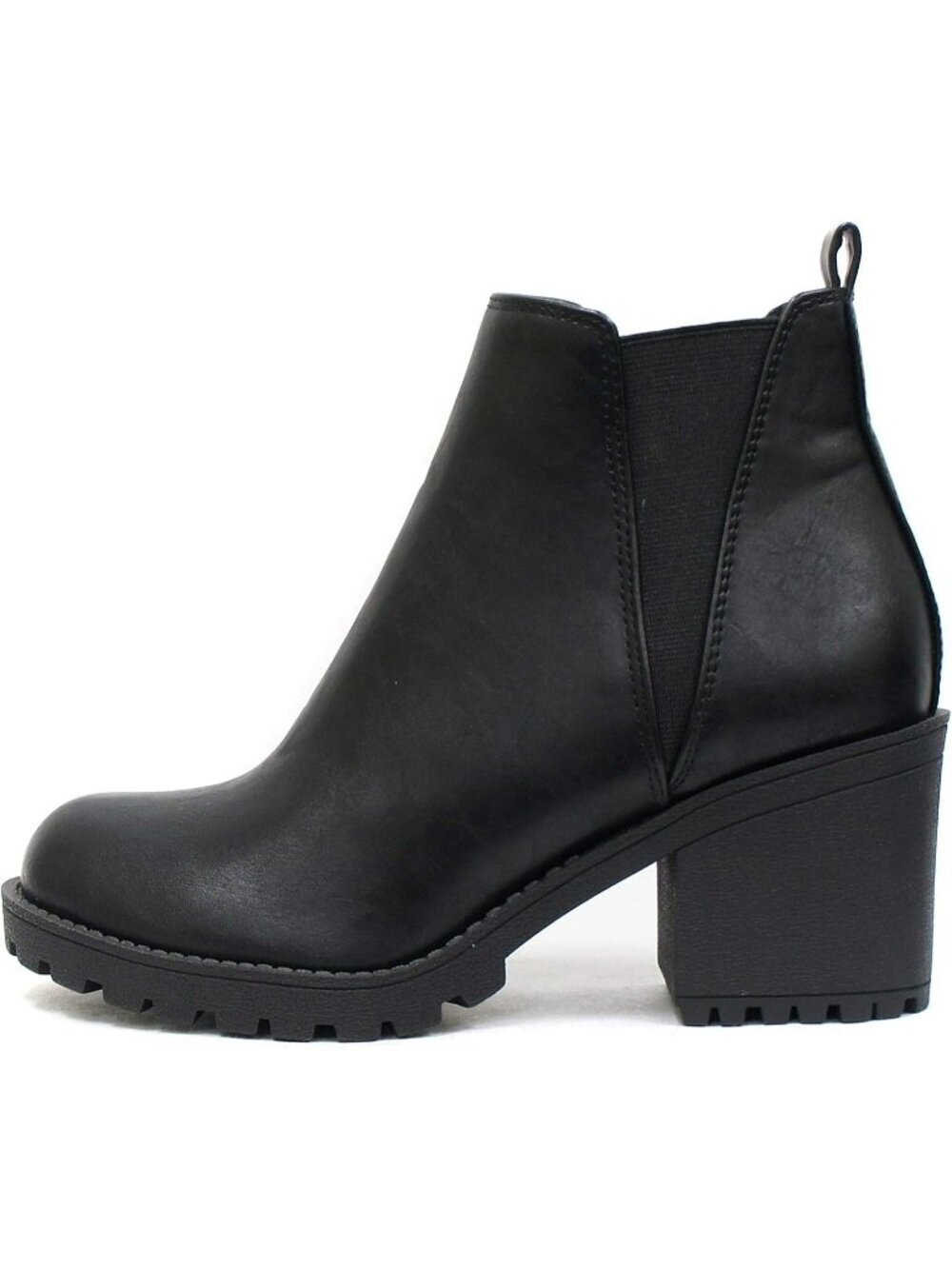 Women's Black Leather Origami Lug Sole Mid Heel Ankle Bootie Double Elastic Boot